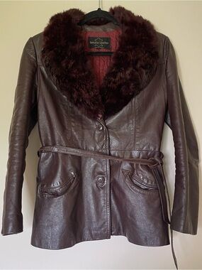 Women's Brown/Red Fur Collar Leather Jacket